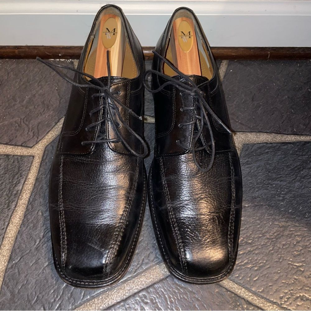 Black Leather Lace Up Flat Toe Mens Dress Shoes Size 10.5 - Picture 2 of 8